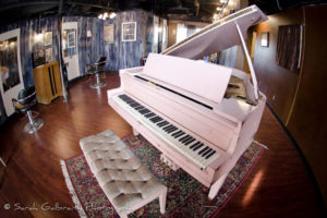 High angle shot of 9 Blue Salon's piano and stylist stations