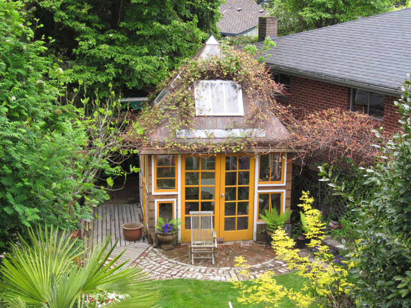 Aerial view of green house from reclaimed materials