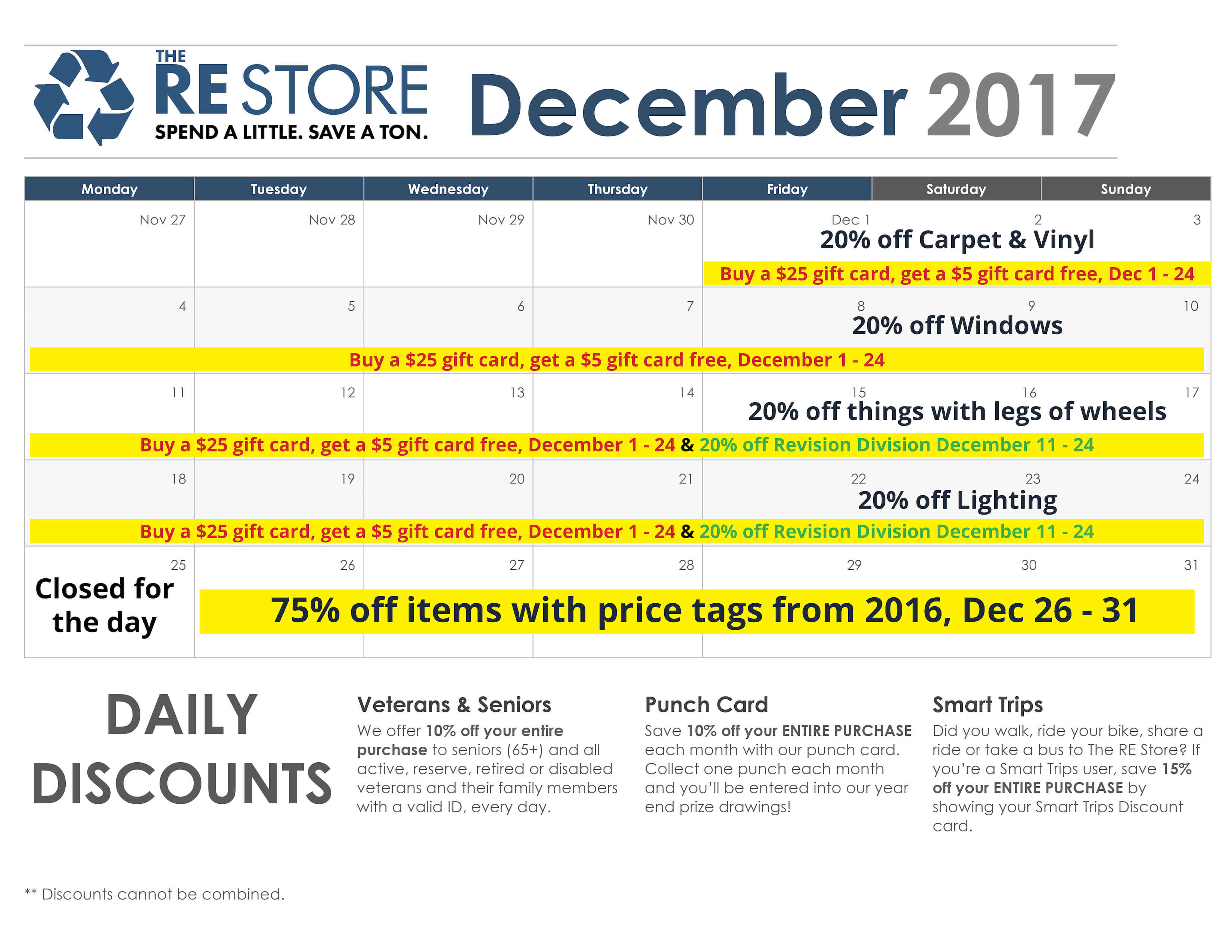 Calendar showing RE Store sales for December 2017